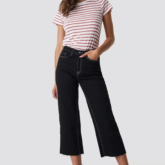 NA-KD Highwaist Denim Culotte Women Size 40 Jeans in Midnight Black Lightweight - Picture 2 of 14